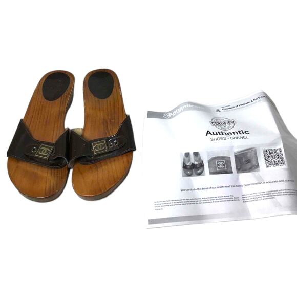 Chanel dark brown slip-on wooden patent leather clog sandals retro style SZ EU38 - Picture 1 of 9